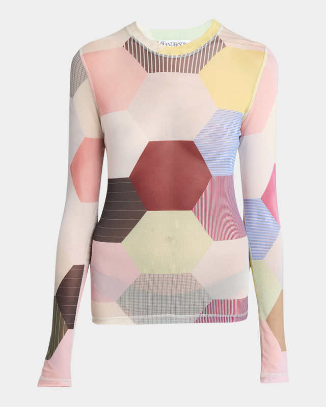 Hexagon-Print Long-Sleeve Mesh Top